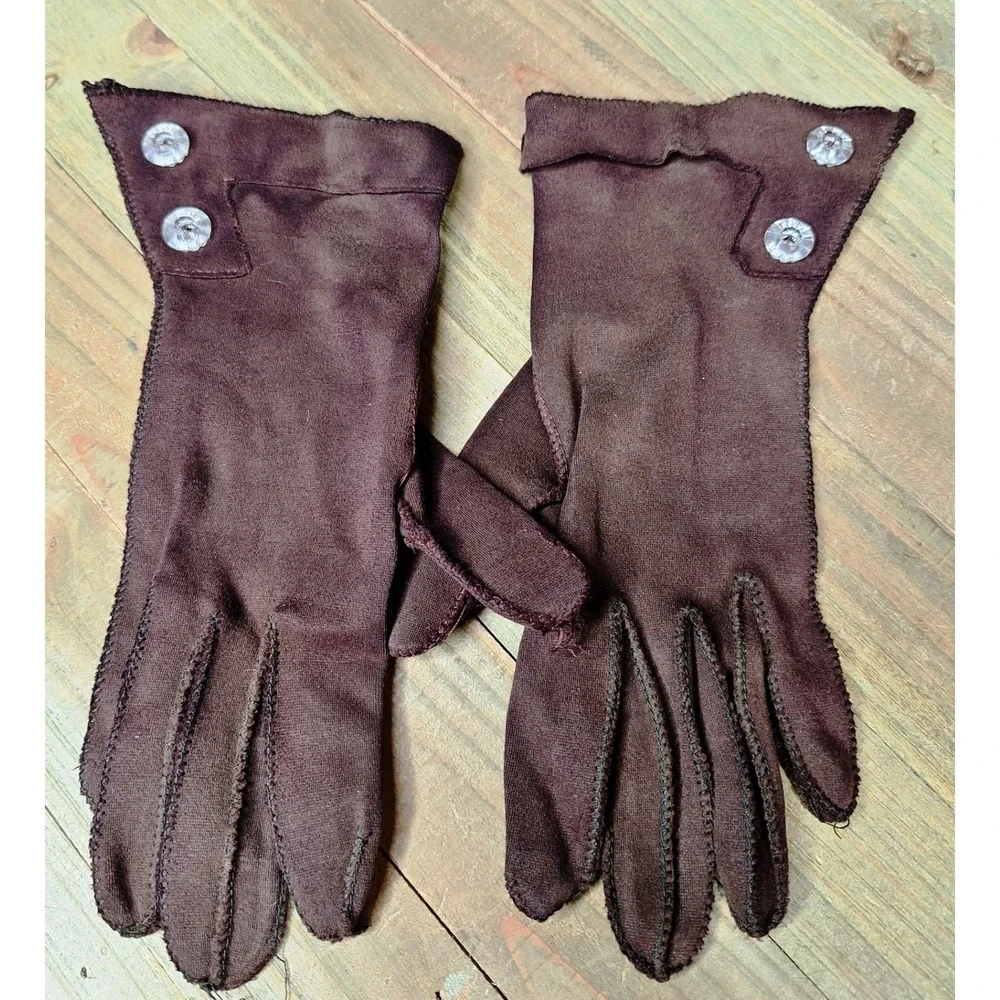 Vintage Brown Nylon Wrist Length Gloves with Clear Buttons Retro Mid Century